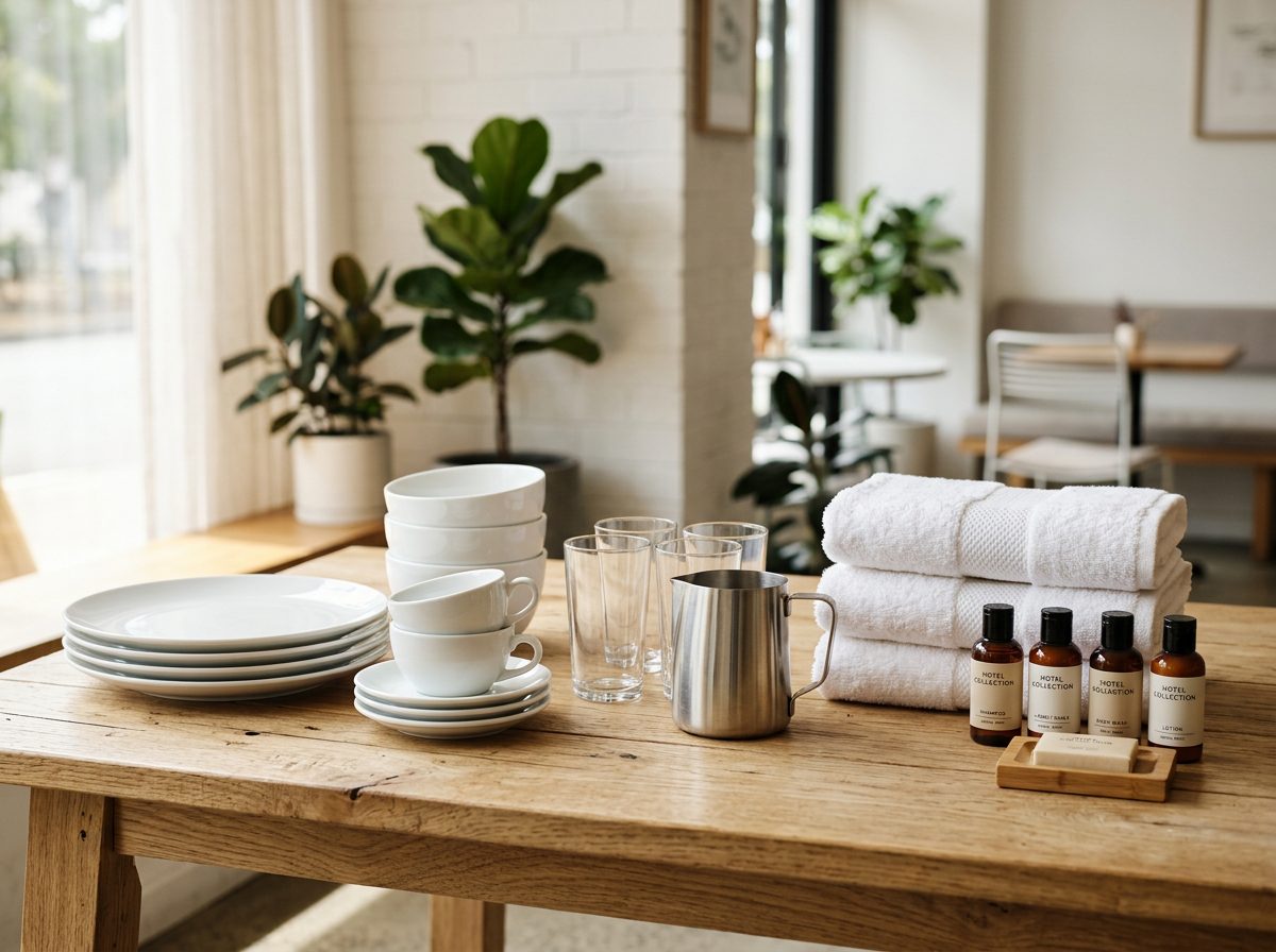 Hotel & Café Supplies: tableware & glassware, linens & towels, guest amenities, café equipment